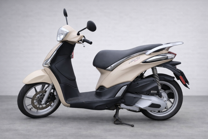 Beige Roller mit schwarzem Sattel, seitlich auf grauem Hintergrund abgebildet.